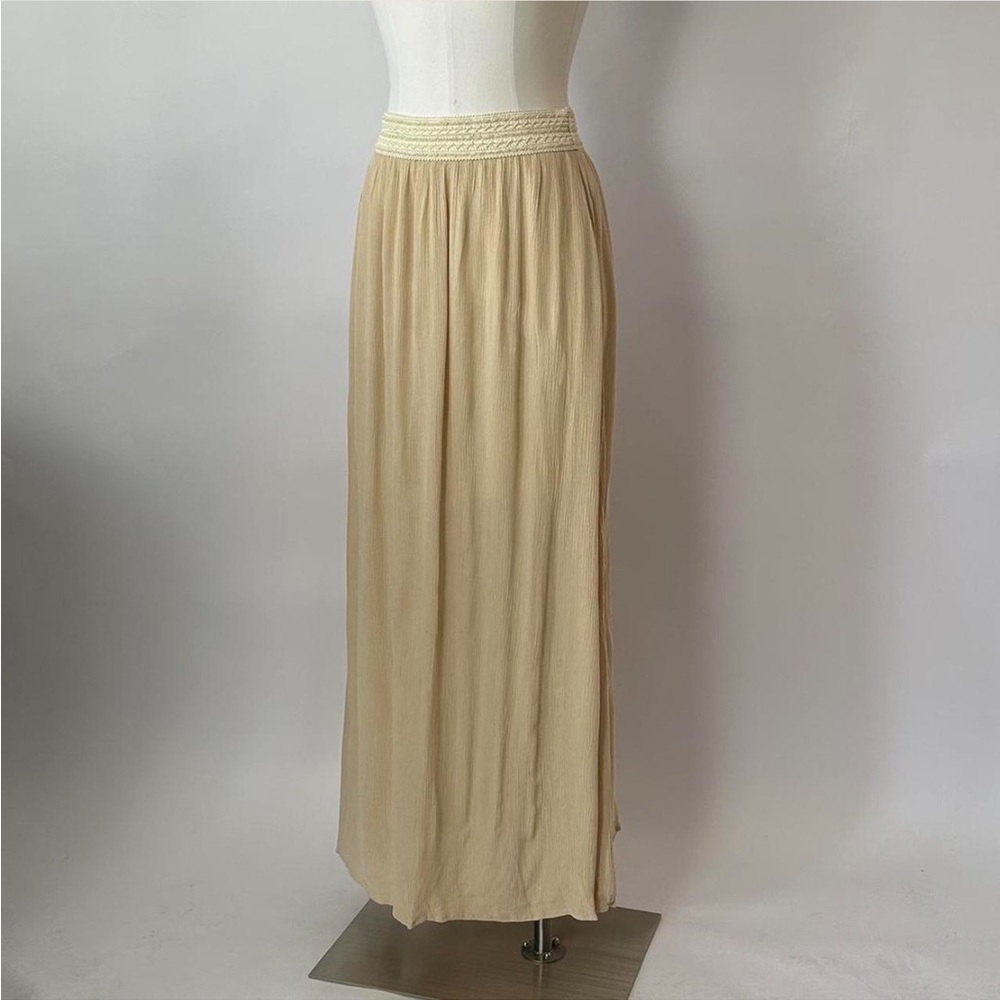 Vintage Active Boho Crinkled Maxi Skirt Crochet Knit Waistband Beige Tan Large - Picture 3 of 10